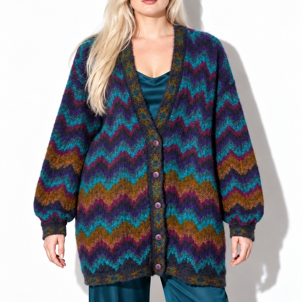 90s Vintage Zigzag Mohair V Neck Cardigan L Blue Purple Oversized Sweater Boho